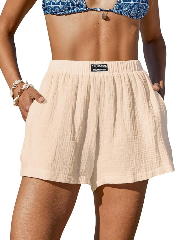 CUPSHE Women's Casual Shorts Cotton High Rise Beach Cover Ups Summer Shorts with Pockets | Amazon (US)