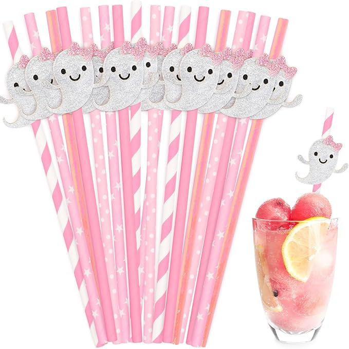40Pcs Pink Halloween Paper Straws Cute Glitter Ghost Disposable Drinking Straws Spooky Decorative... | Amazon (US)