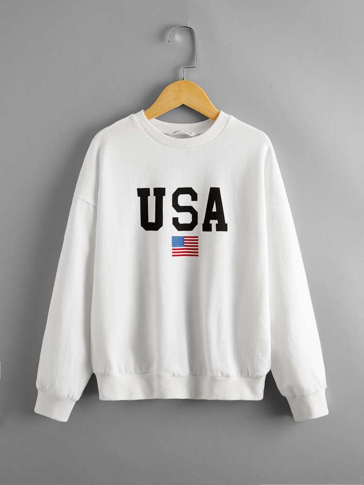 SHEIN Girls Letter & Flag Print Pullover | SHEIN