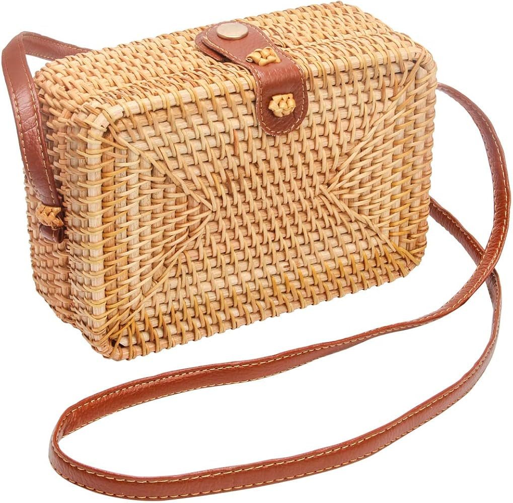 CrazyPiercing Wicker Round Square Crossbody Rattan Bag, Women Boho Bag Clutch Woven Handbag | Amazon (US)