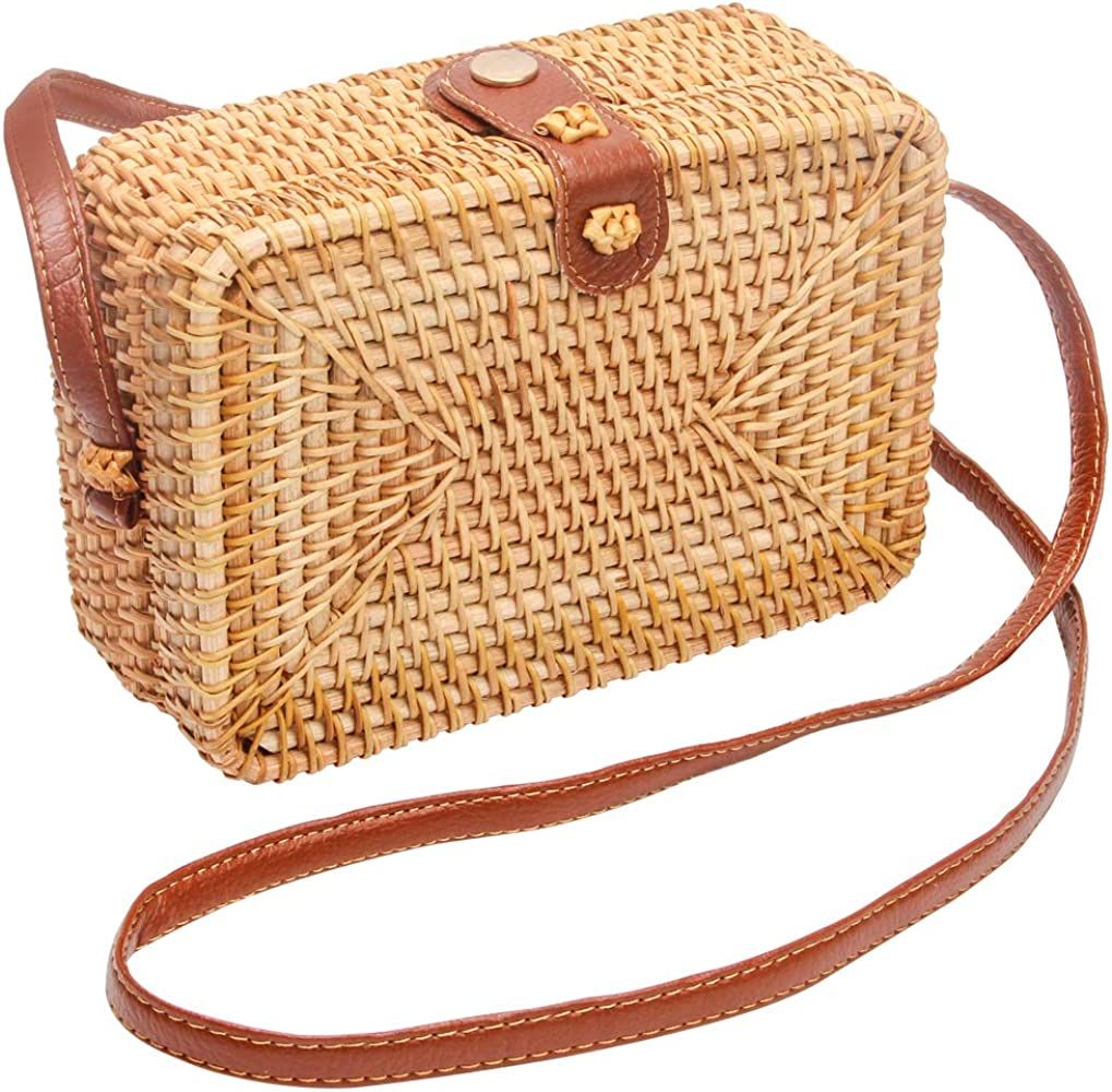 CrazyPiercing Wicker Round Square Crossbody Rattan Bag, Women Boho Bag Clutch Woven Handbag | Amazon (US)