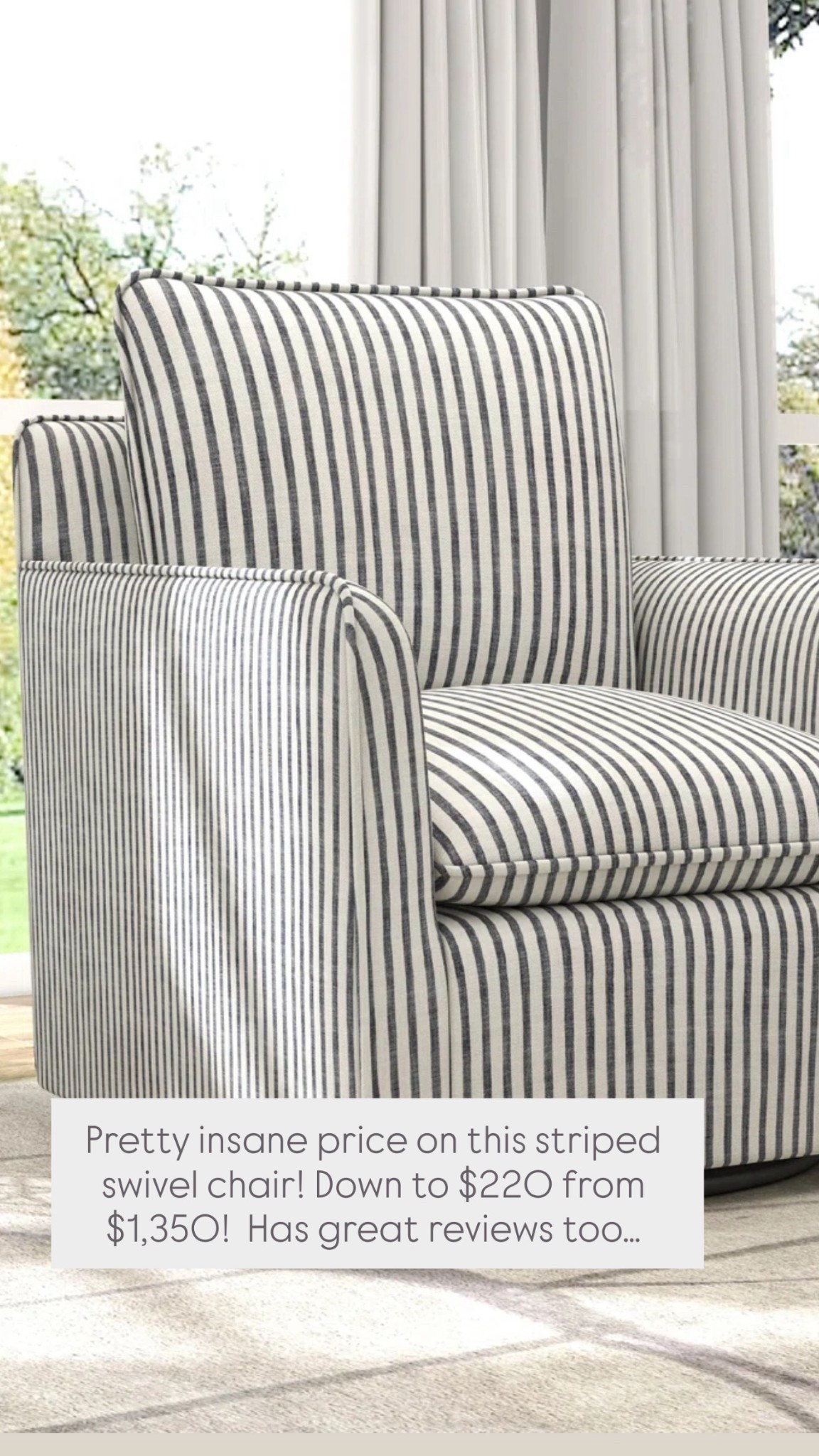 Pretty insane price on this striped swivel chair! Down to $220 from $1,350!  Has great reviews too… 

Way day sale, Wayfair sale 

#LTKdayinmylife #LTKSaleAlert #LTKHome