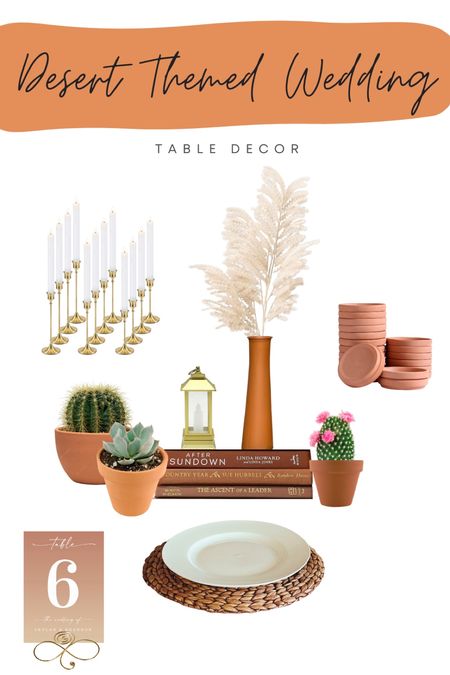 Desert Themed Wedding Table Decor Ideas. These are the items that we used for our wedding table decor and so many people loved it!
- Gold single candle holders
- Dollar Tree glass vase spray painted into a terra cotta color
- terra cotta pots with live succulents and cactuses
- Terra cotta plates used as name cards
- small led lantern
- woven placements
- thrifted books
- table numbers created on zazzle
- faux pampas

#LTKwedding #LTKunder50 #LTKFind