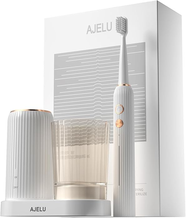 Electric Toothbrush Set with Drying & Sanitizing Holder, 8 Replacement Brush Heads, Transparent R... | Amazon (US)