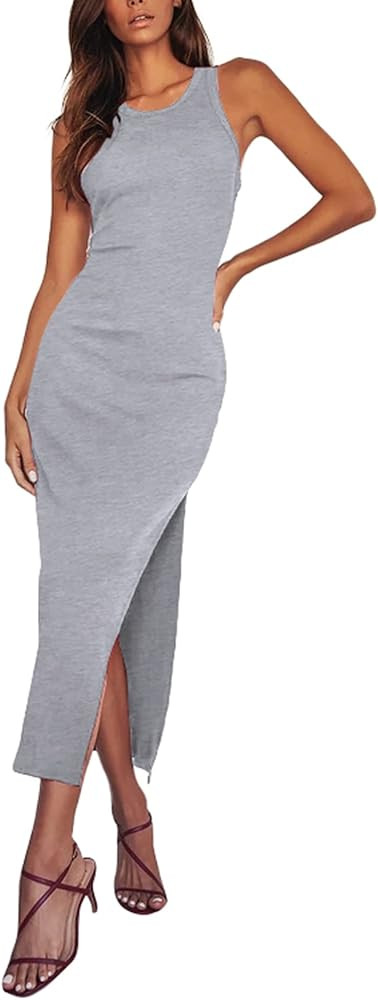 Antopmen Women Round Racerback Sleeveless Ribbed Dress Side Slit Knit Bodycon Strecthy Midi Dress | Amazon (US)