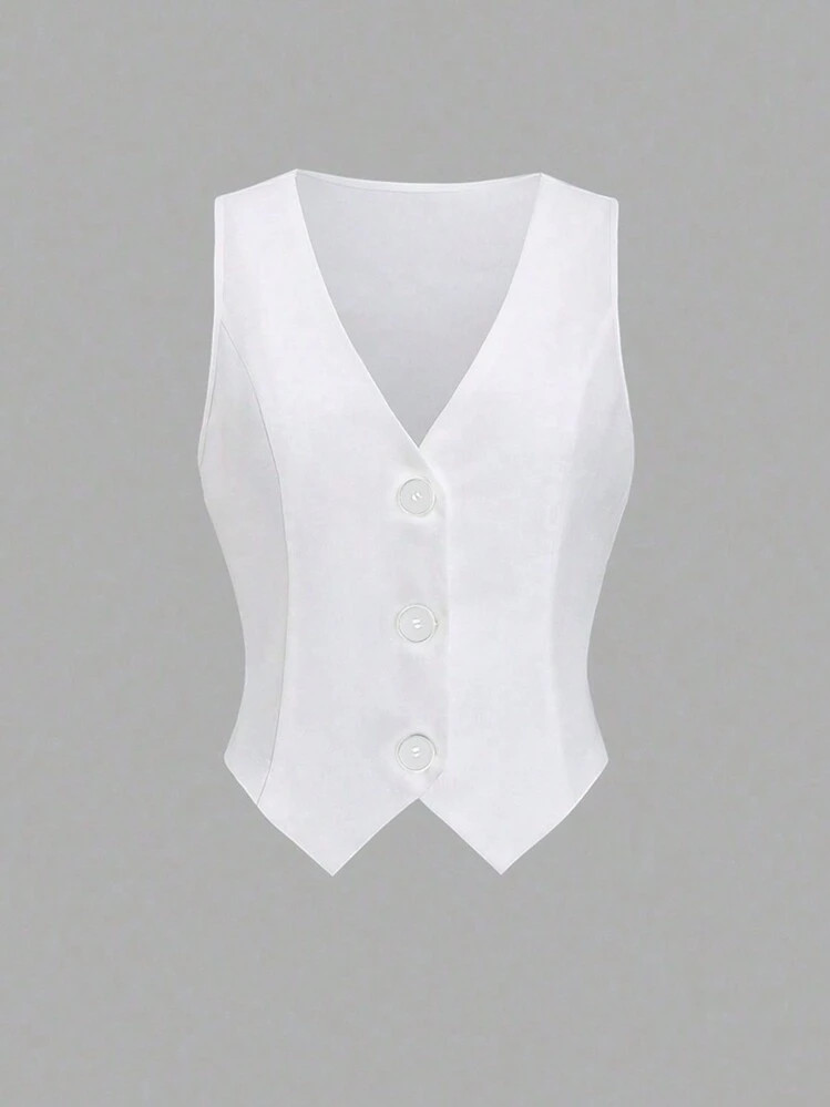 Sweetra Women's Summer Solid V-Neck Single-Breasted Casual Vest | SHEIN