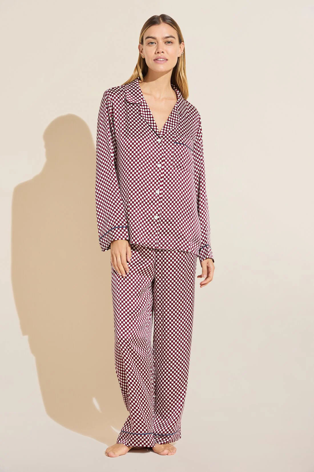 Inez Washable Silk Printed Long PJ Set - Geo Sphere Sangria/Navy | Eberjey