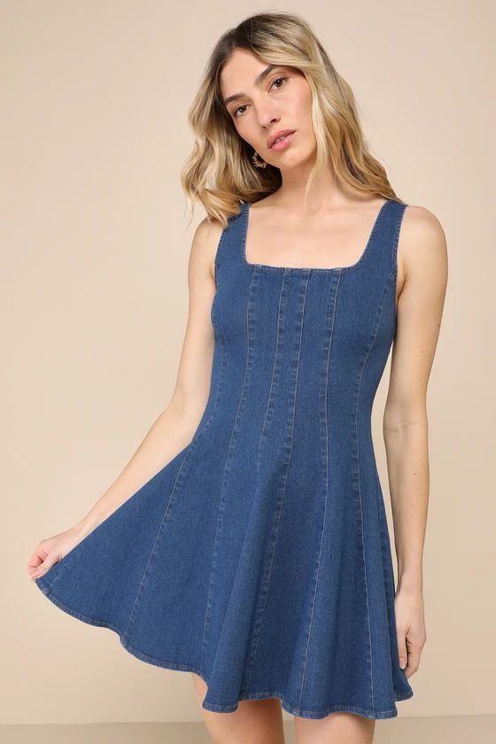 Dreamy Sweetie Dark Wash Sleeveless Skater Denim Mini Dress | Lulus