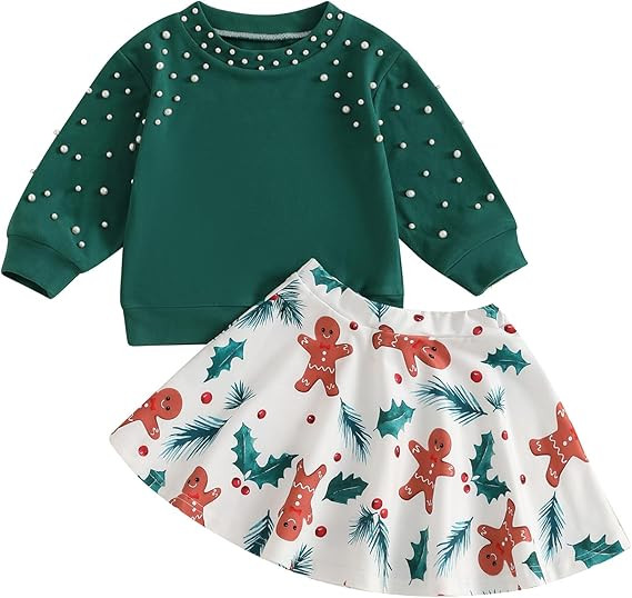 Emmababy Toddler Girl Christmas Skirt Set Ruffle Pearls Sweatshirt Long Sleeve Gingerbread Man Pr... | Amazon (US)