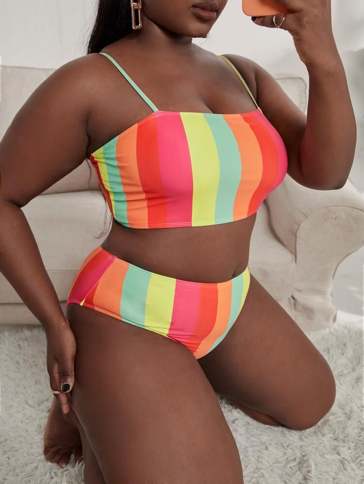 Plus Striped High Waisted Bikini Swimsuit | SHEIN