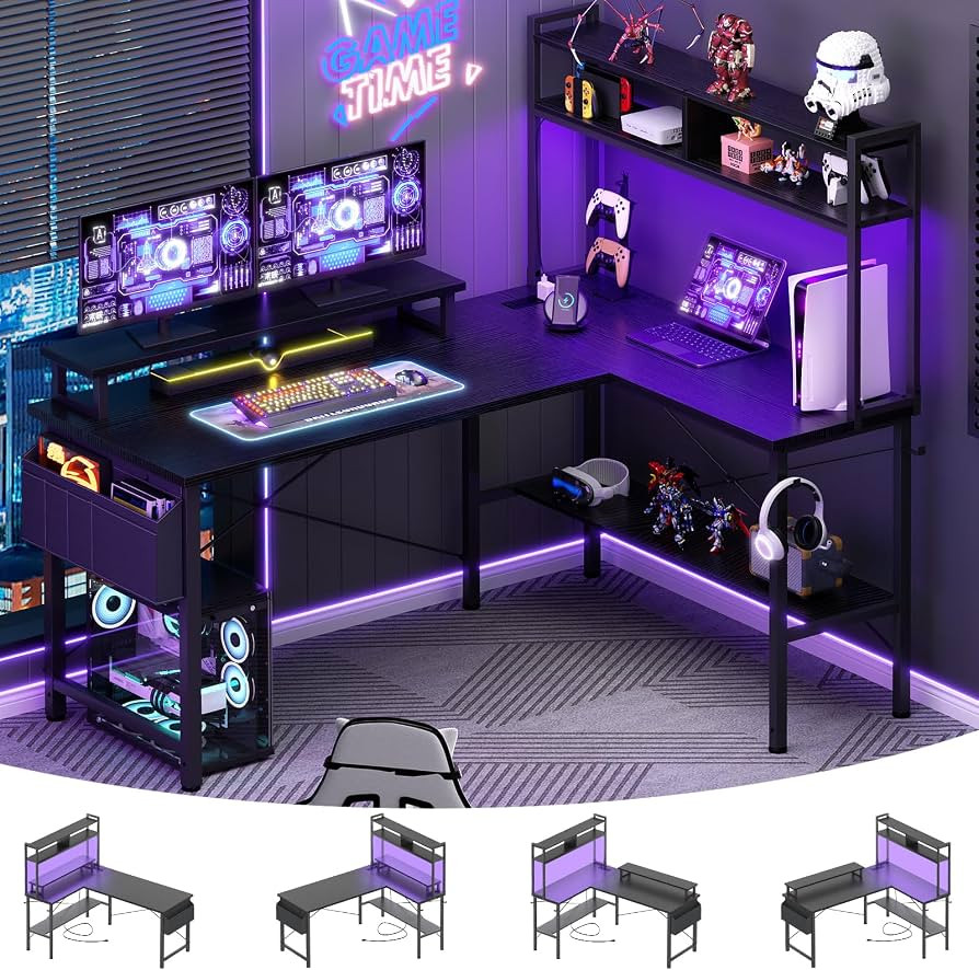 Aheaplus L Shaped Gaming Desk with Power Outlets & LED Lights, Small L- Shaped Desk Computer Corn... | Amazon (US)
