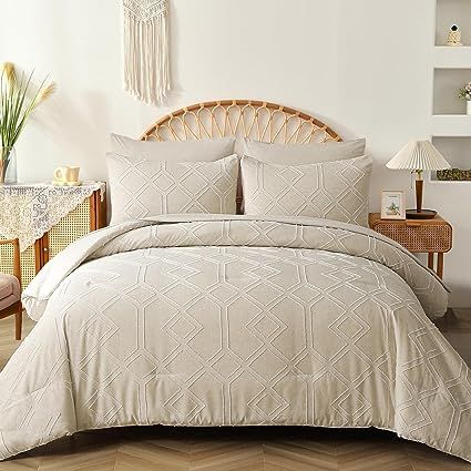 Dobuyly Boho Tufted Comforter Set King Size 7 Pieces Bed in a Bag Cream Beige Cationic Dyeing Com... | Amazon (US)