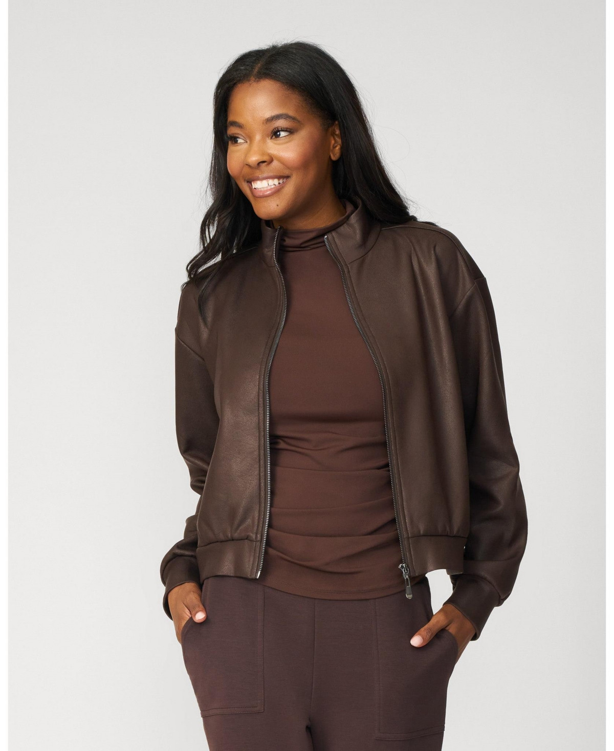 Cable & Gauge Women's Coated Cropped Bomber Jacket - Chocolate torte | Macy's