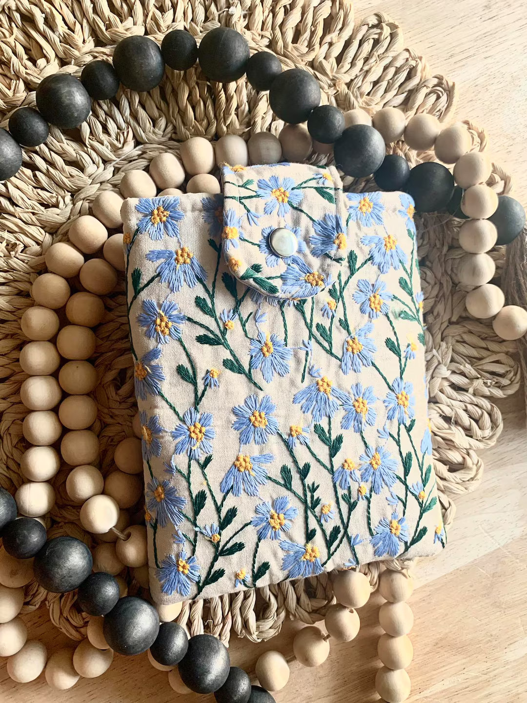 Blue Beige Daisy Embroidered Book Sleeve, Kindle Sleeve, Ereader Cover, iPad Sleeve, Book Gift, B... | Etsy (US)