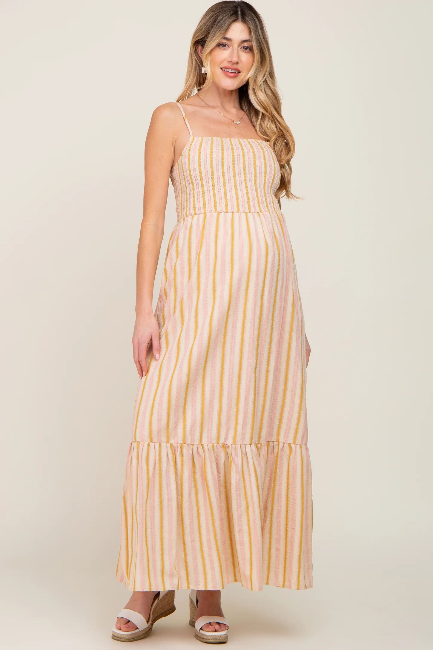 Taupe Striped Smocked Maternity Maxi Dress | PinkBlush Maternity