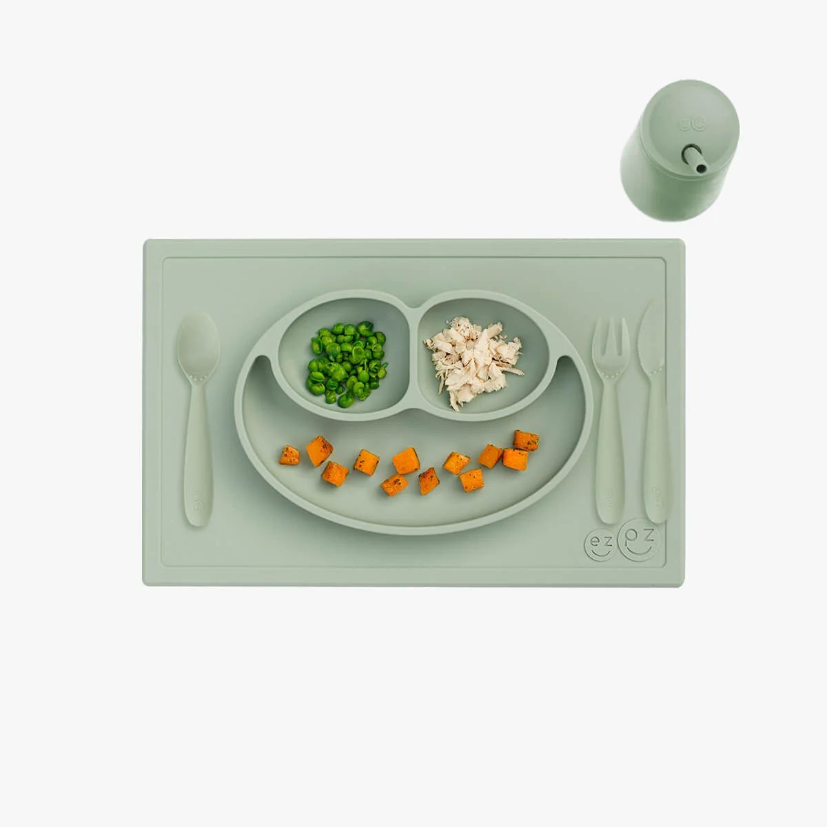 ezpz Happy Feeding Set | Silicone Plate, Cup, Straw & Utensils | ezpz