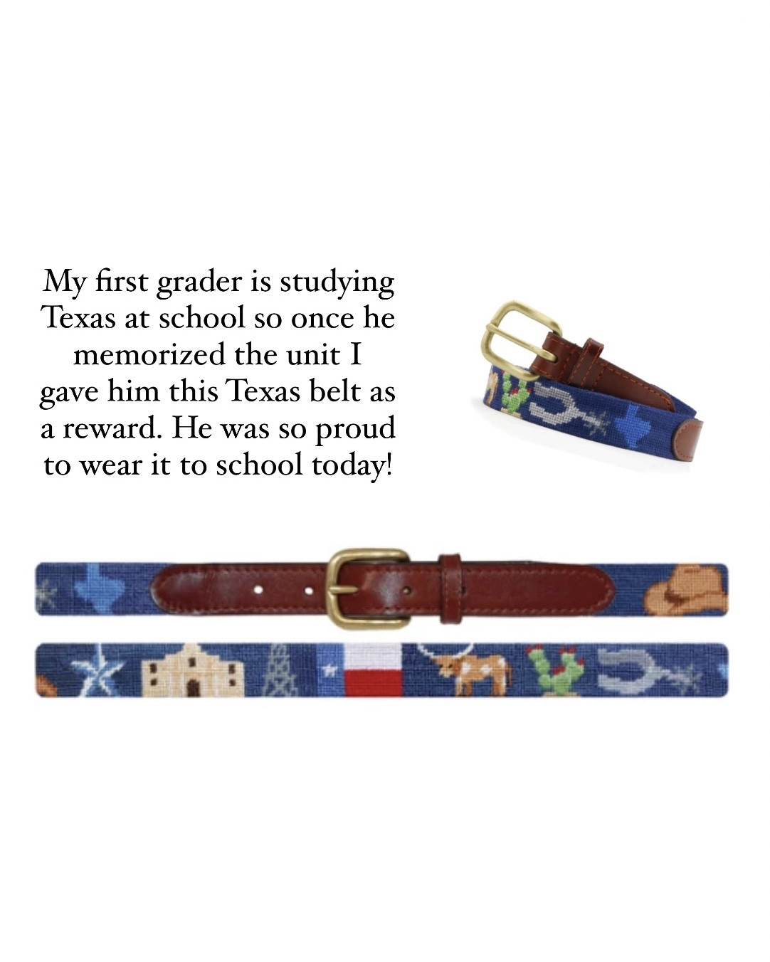 Boyce is studying Texas in school and once he memorized the unit, I rewarded him with a Texas needlepoint belt. He was SO proud to wear it to school today. It meant so much more to him now that he knows what each of the symbols are and mean. Swipe for fun Texas facts! 

#LTKkids #LTKGiftGuide #LTKfindsunder100