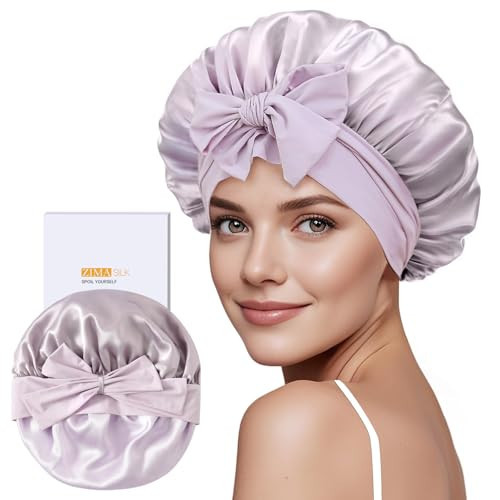 ZIMASILK 100% Mulberry Silk Bonnet for Sleeping Women Long Hair Double Layer Silk Hair Wrap with Tie Band Stay On Head (1Pc, Purple) | Amazon (US)