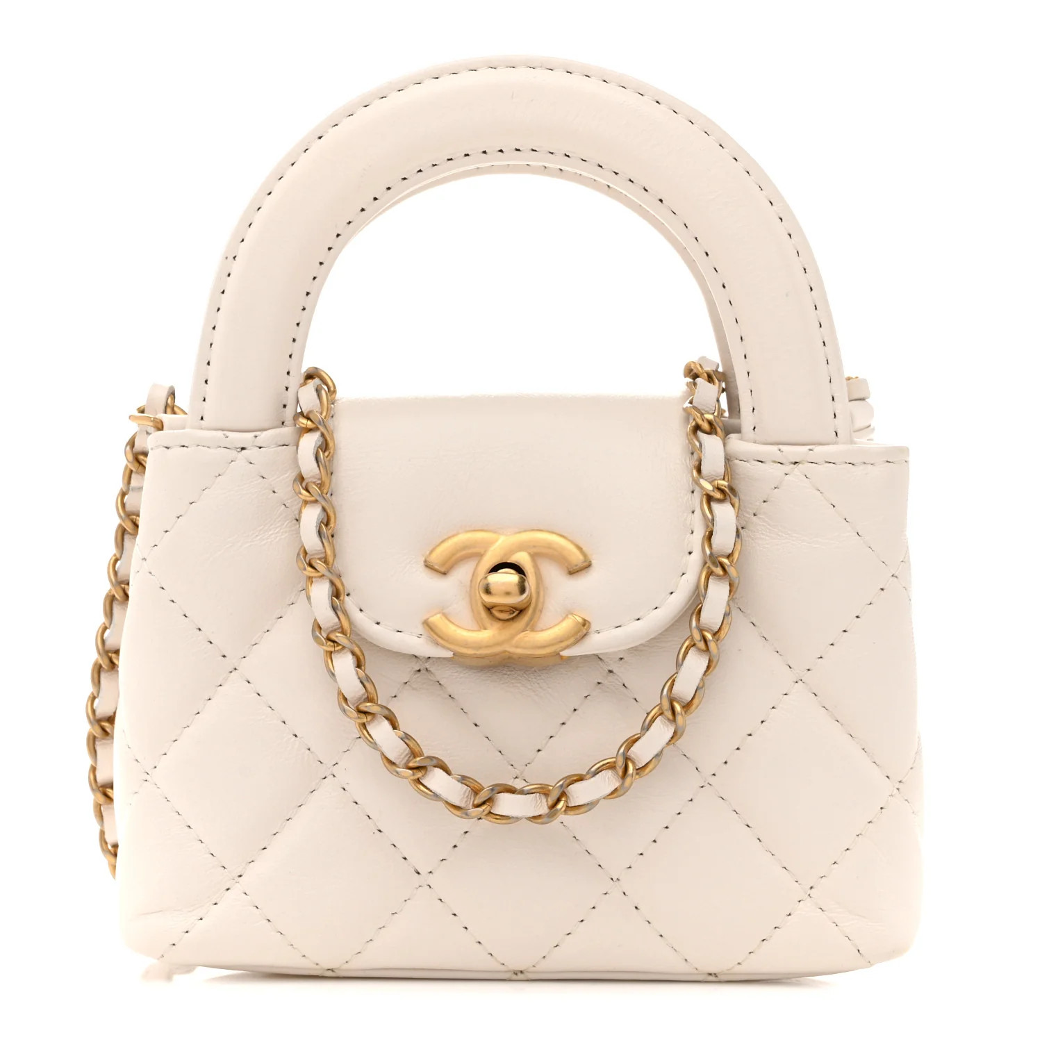 Chanel Shiny Aged Calfskin Quilted Mini Nano Kelly Shopper White 1863470 | FASHIONPHILE (US)