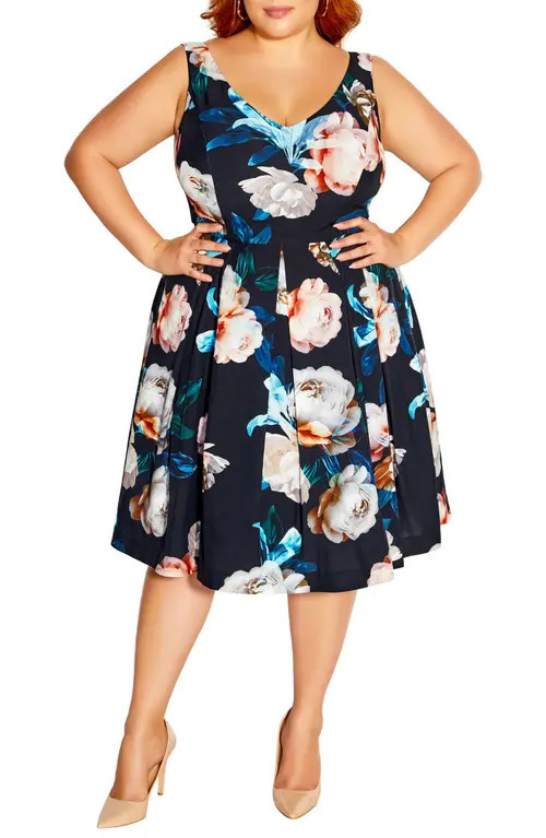 City Chic Sandra Floral A-Line Dress in Black Camilla Fl at Nordstrom, Size X-Small | Nordstrom