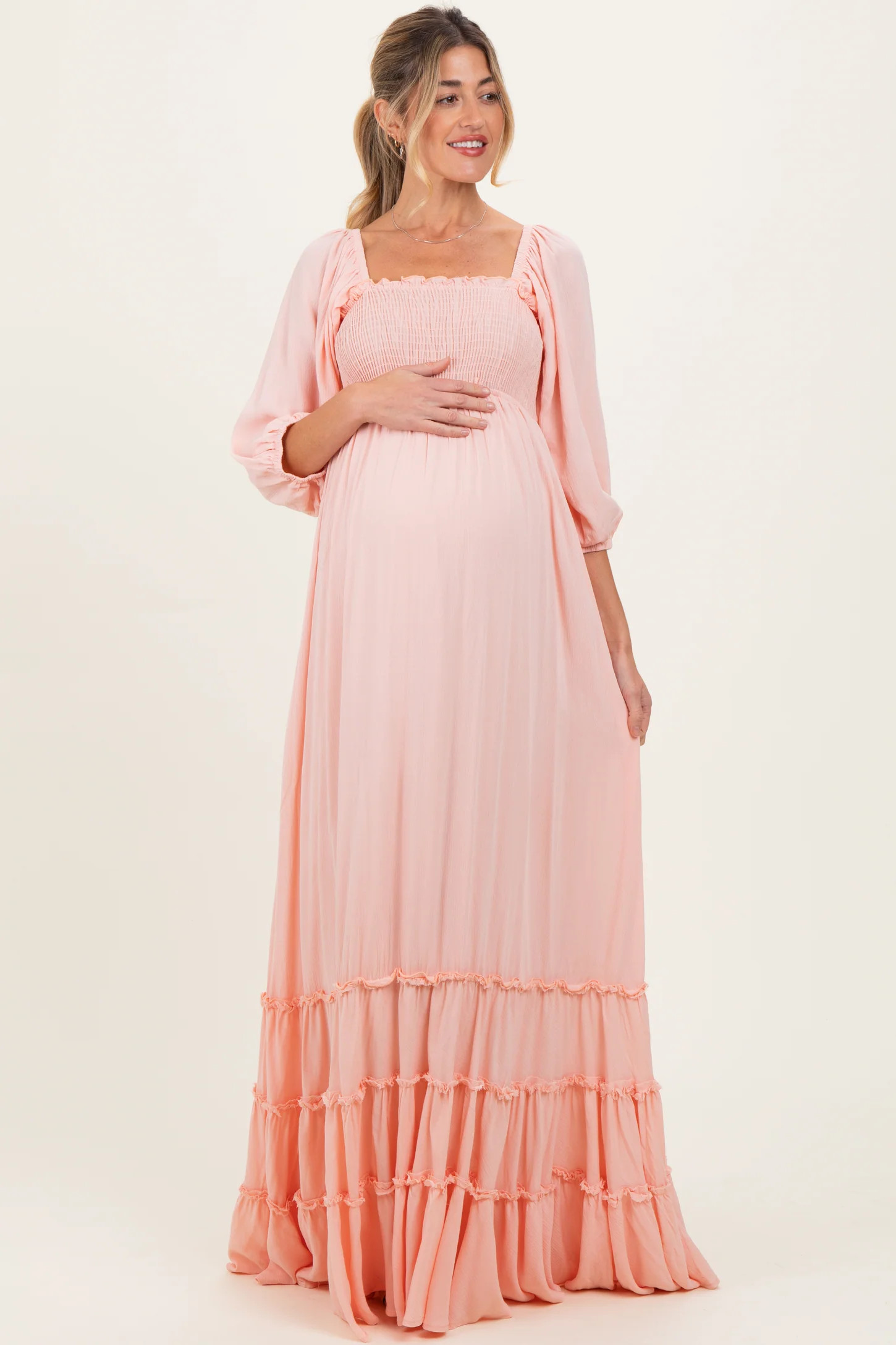 Light Pink Solid 3/4 Sleeve Smocked Top Tiered Maternity Maxi Dress | PinkBlush Maternity