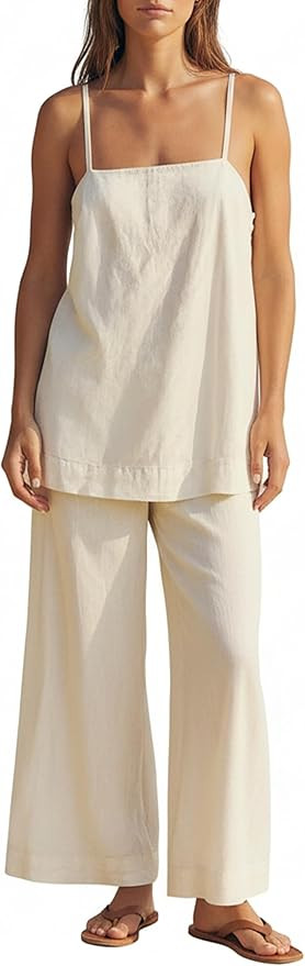 MAKABO Women's Two Piece Beach Vacation Pant Set Summer, Linen Feel Comfy Travel Outfits Casual T... | Amazon (US)