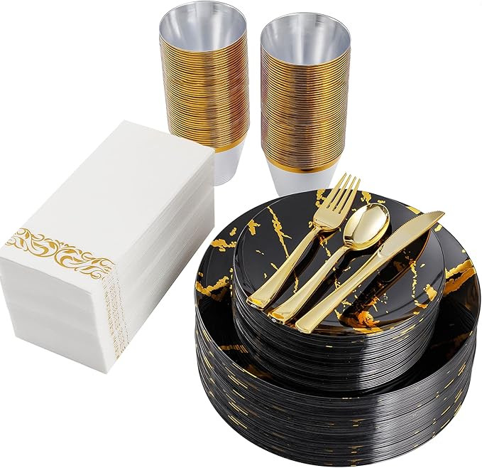 Goodluck 350PCS Black and Gold Disposable Dinnerware Set for 50 Guests, Plastic Plates for Party,... | Amazon (US)