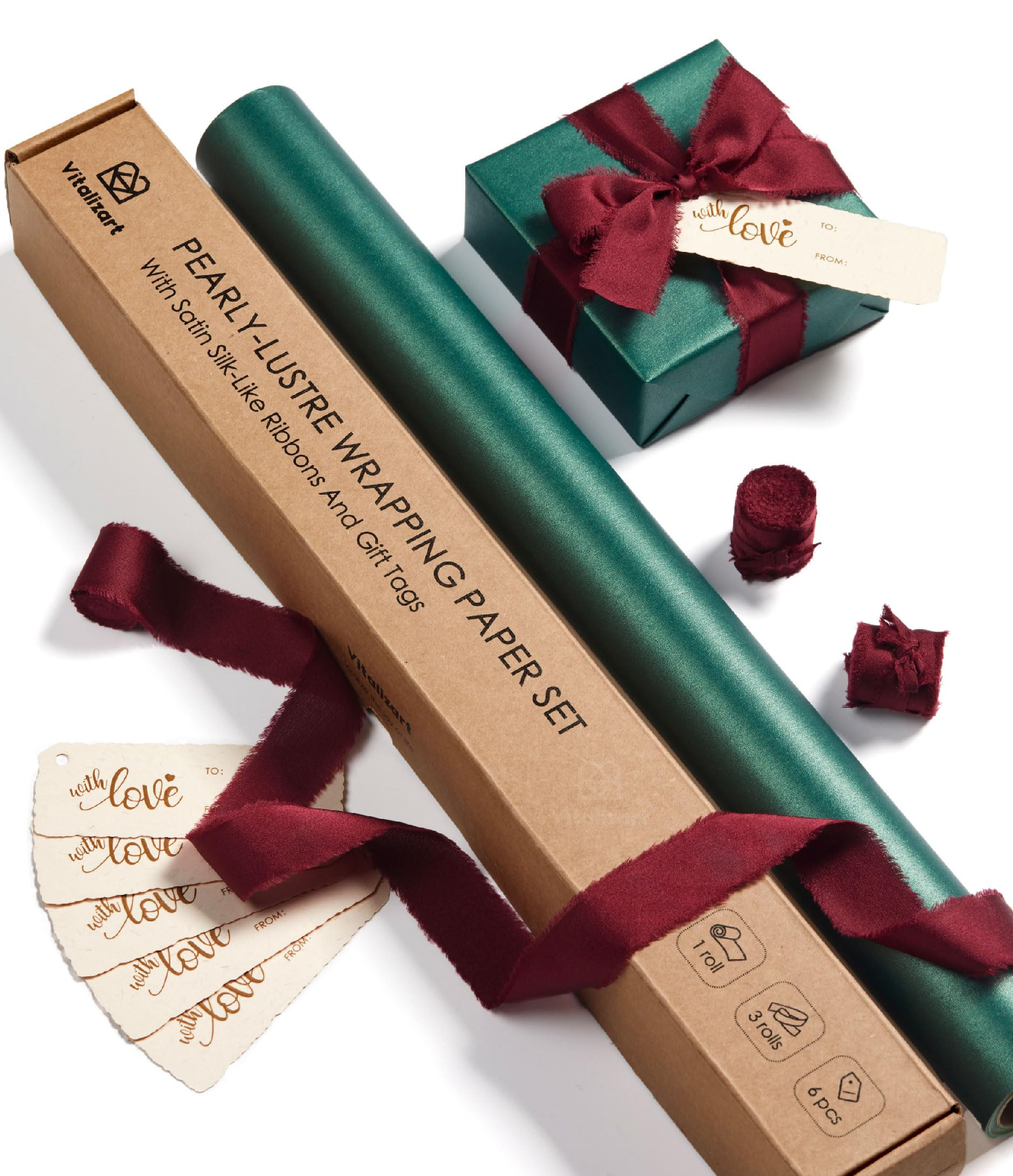 Vitalizart Green Wrapping Paper Set 17" Pearly-Lustre With Silk Like Satin Ribbon & Gift Tags Rec... | Amazon (US)