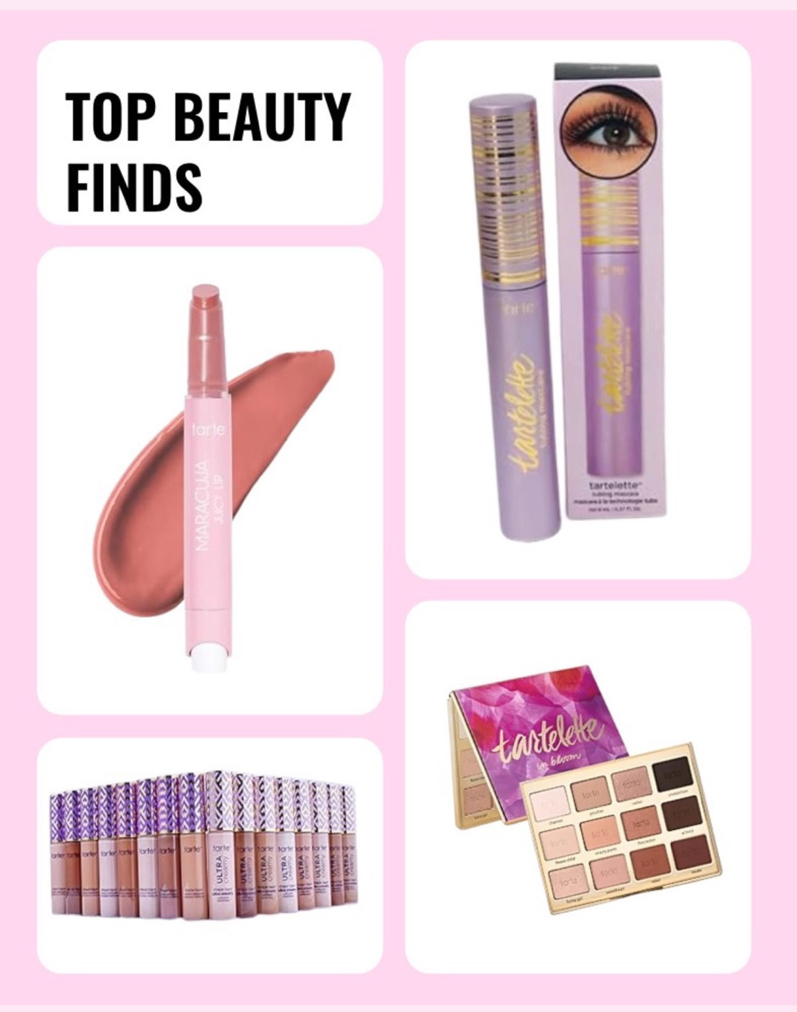 All my current favorite Tarte beauty products 🩷🤌🏽✨

#tartecosmetics #maracujajuicylip #tubingmascara #shapetapeconcealer #tarteletteinbloom 

#LTKWatchNow #LTKBeauty