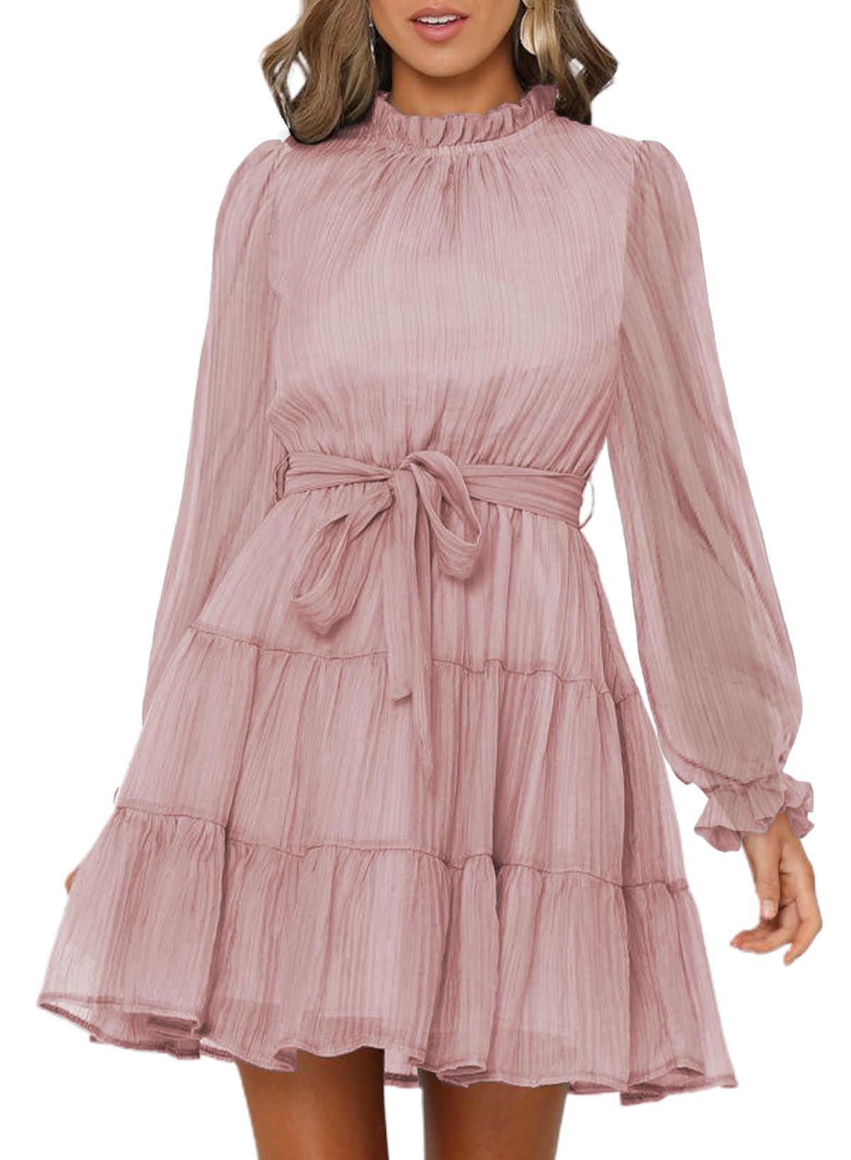 Asvivid Women's Mini Dress Casual Long Sleeve Drawstring Tiered Dress A Line Chiffon Flowy Swing ... | Walmart (US)