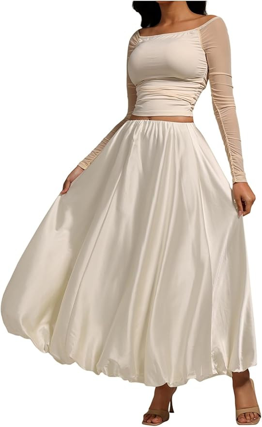 MakeMeChic Women's Satin Bubble Skirt Elastic Waist Loose Fit A Line Long Skirts | Amazon (US)