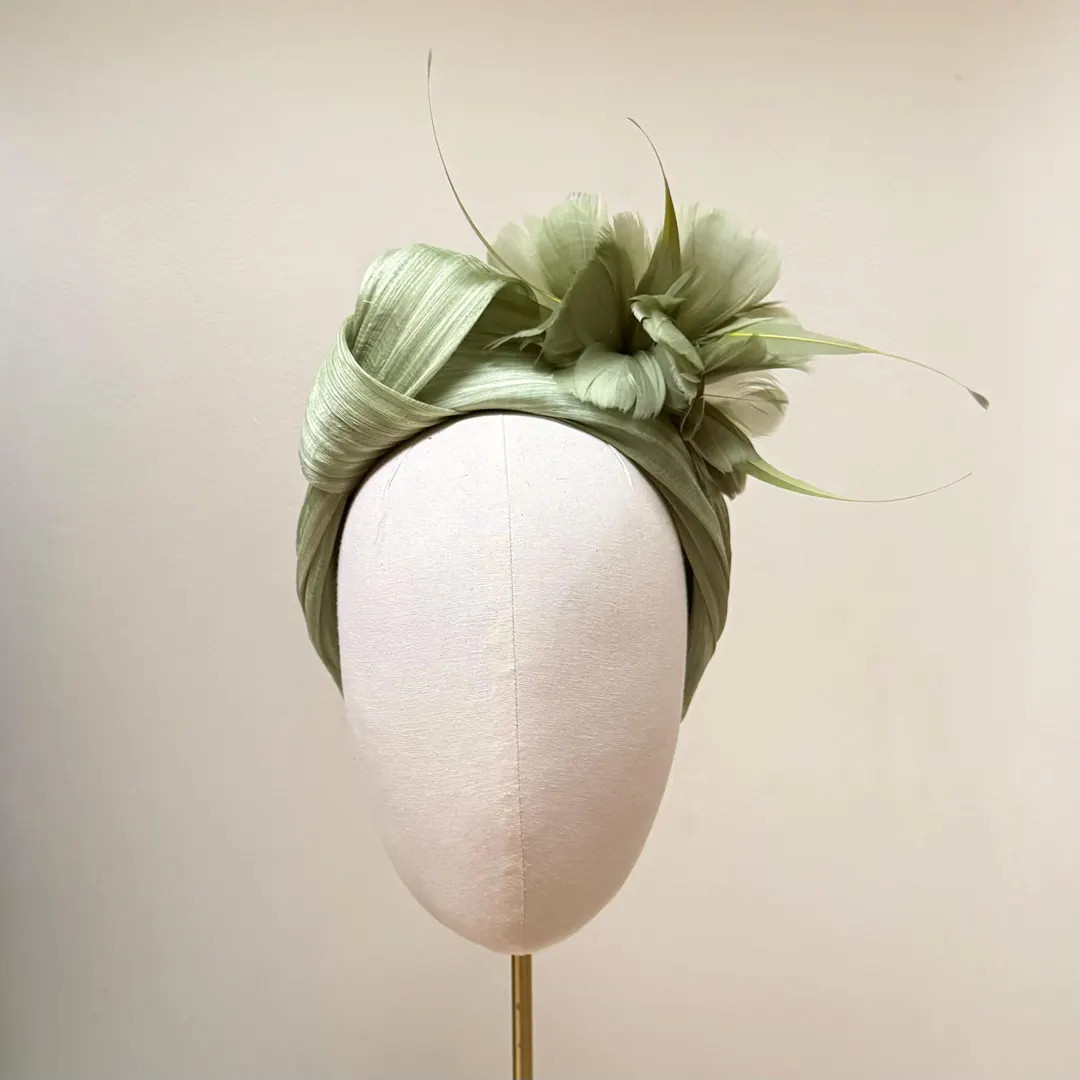 Olive Green Feather Headband Fascinator for Weddings, Silk Abaca Turban Headpiece for Ascot Derby... | Etsy (Global)