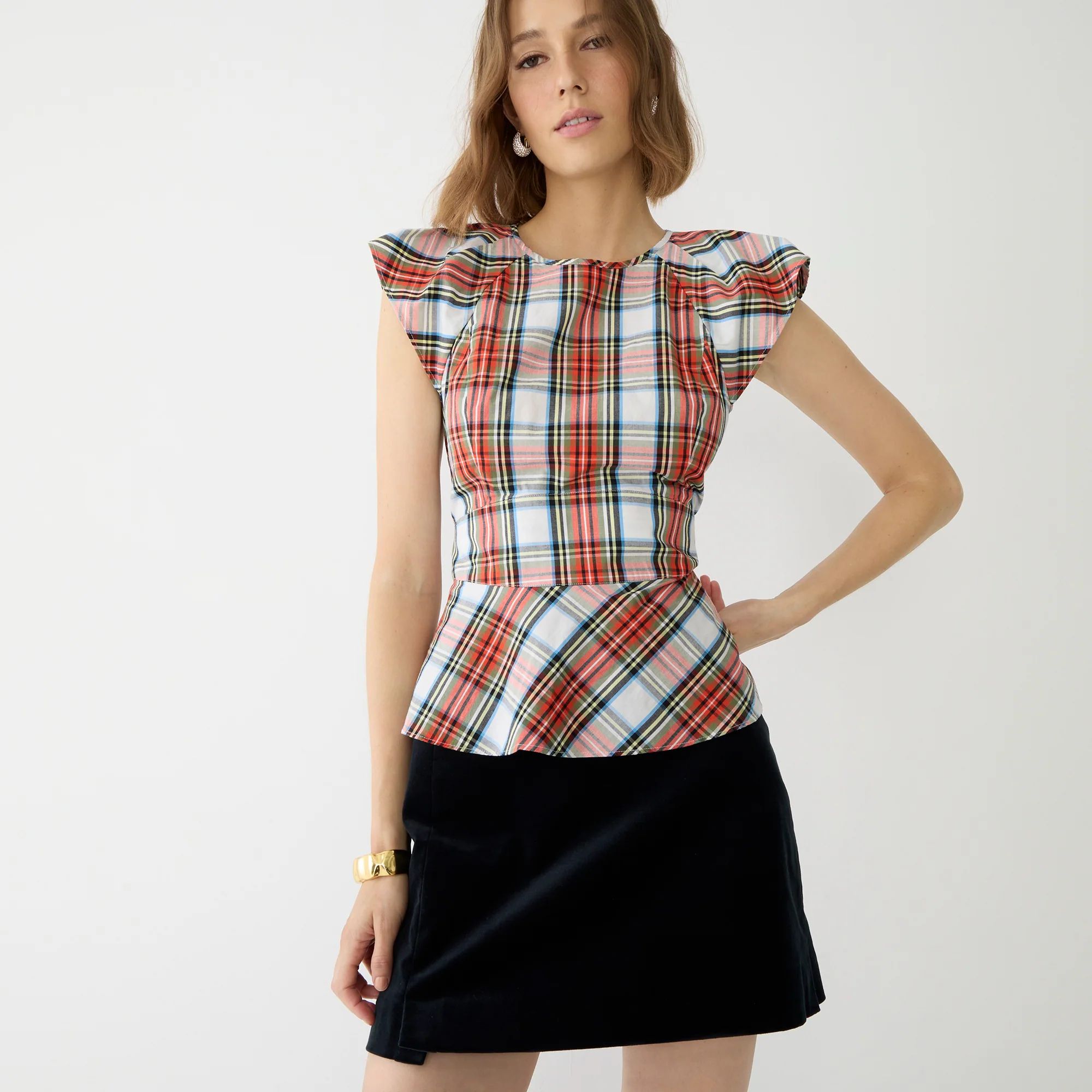 Cap-sleeve peplum top in Snowy Stewart tartan | J.Crew US