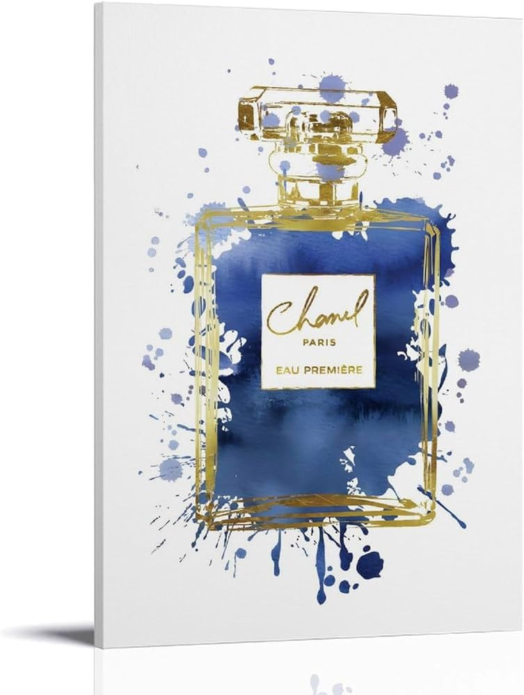 WEboL Fashion Gold Inky Navy Blue Perfume Bottle Splash Poster Decorative Painting Canvas Wall Ar... | Amazon (US)