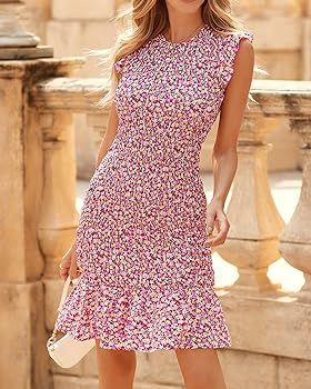 BTFBM Casual Women Ruffle Sleeves Summer Beach Dress 2023 Elegant Floral Bodycon Smoked Mini Merm... | Amazon (US)