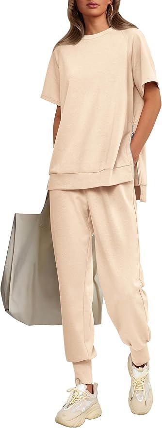 PRETTYGARDEN Women's Summer 2 Piece Outfit Tracksuits Casual Short Sleeve Tops High Waisted Sweat... | Amazon (US)