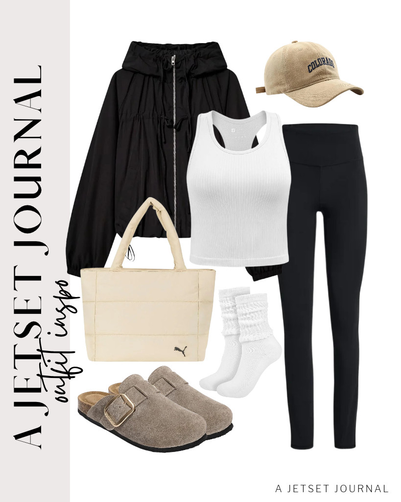 We love these black leggings plus a black gathered hooded jacket from Xunger on top of a YEOREO racerback tank top! This Colorado hat and Project Cloud clogs match this fit, along with this PUMA plush nylon tote.  

 #LTKSeasonal #LTKSaleAlert #LTKTravel