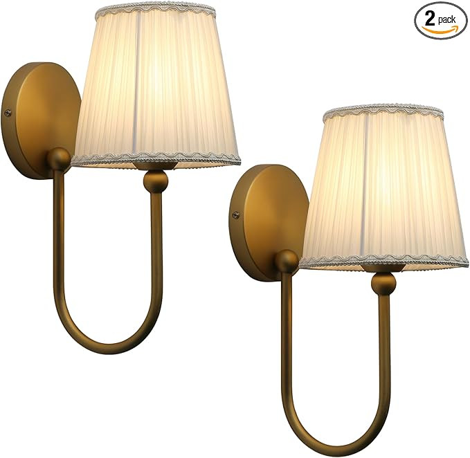 Pathson Vintage Set of 2 Fabric Wall Sconce Beige-White Gauze Cloth Shade, Hardwired Curved Arm B... | Amazon (US)