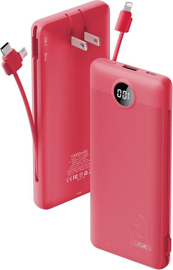 Portable Charger Built-in Cables and AC Wall Plug, VRURC USB C Power Bank 10000mAh, Travel Batter... | Amazon (US)