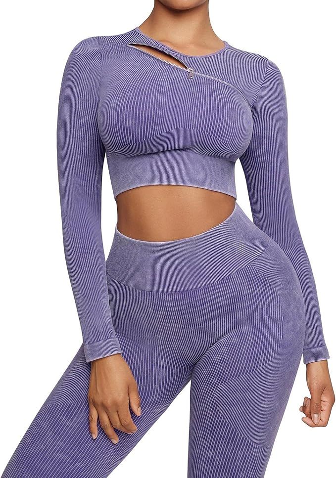 FeelinGirl Workout Sets for Women 2 Piece Long Sleeve Yoga Outfits Gym Seamless Ribbed Crop Top H... | Amazon (US)