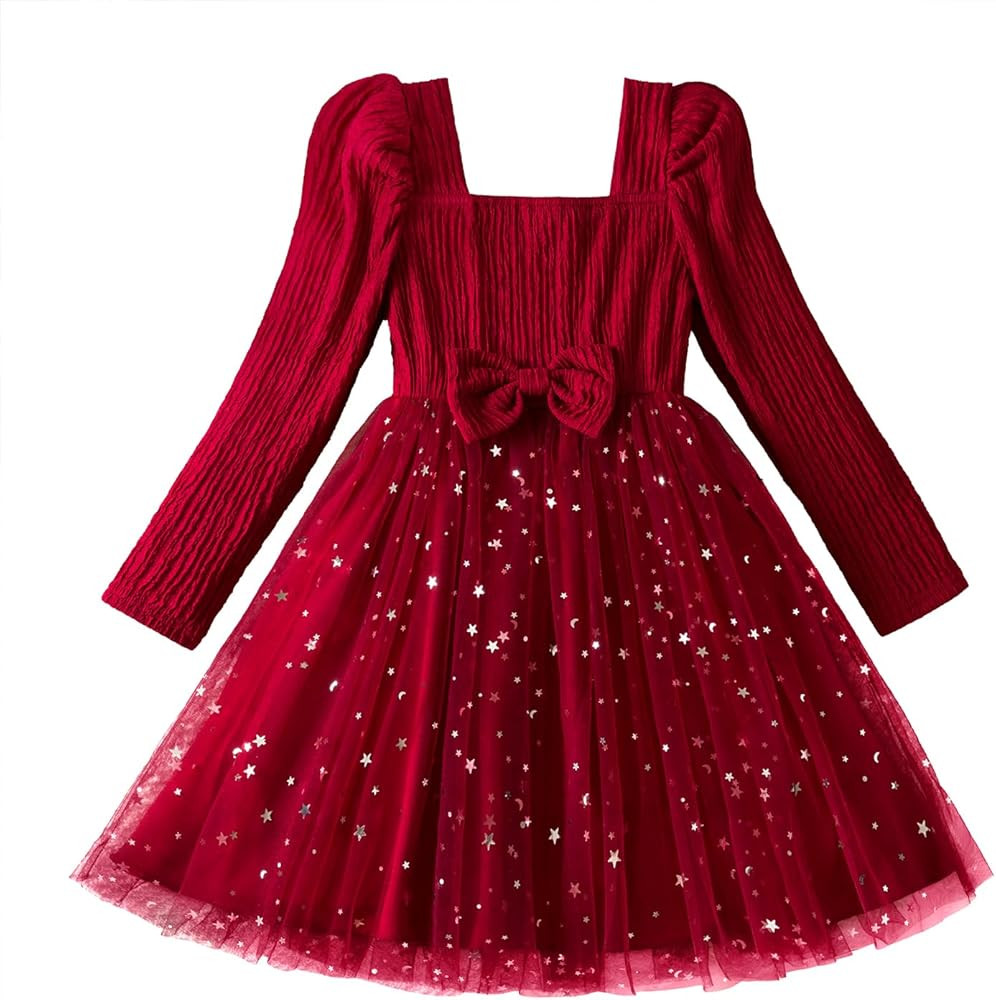 Toddler Girls Christmas Outfit Square Necked Sequin Tutu Dresses Fall Winter Party Holiday Smocki... | Amazon (US)