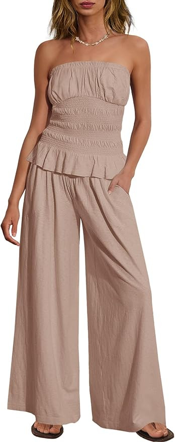 Yanekop Womens Two Piece Lounge Set Strapless Tube Top Pants Sets 2 Piece Outfits Summer Vacation... | Amazon (US)