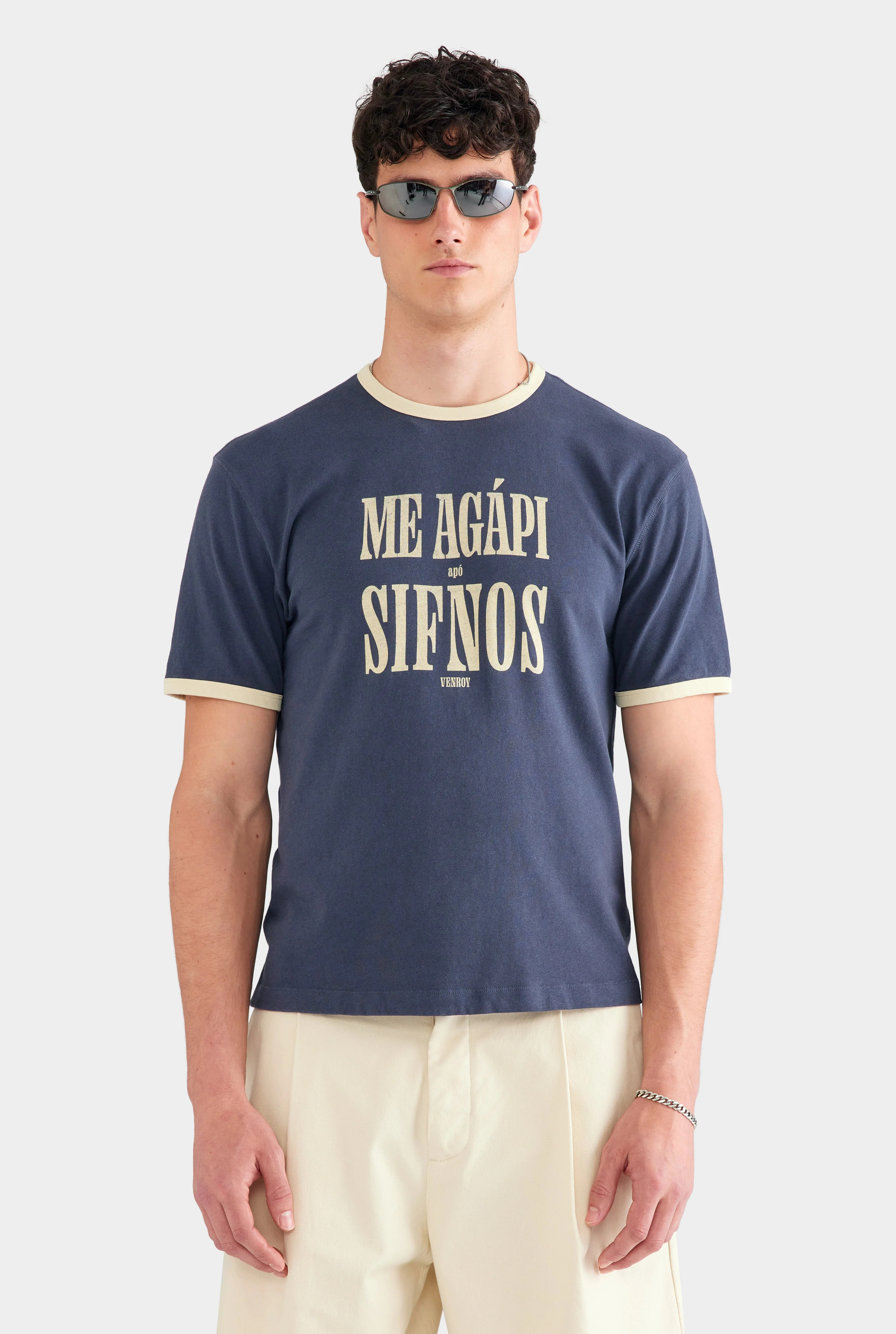 Cotton Linen Ringer T Shirt Navy/Pastel Yellow | Venroy | Venroy AU