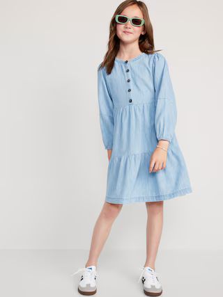 Long-Sleeve Button-Front Tiered Swing Dress for Girls | Old Navy (US)