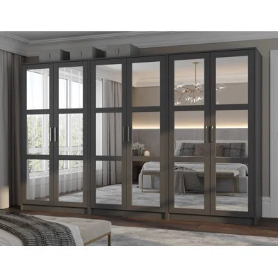 Extra Large 100% Solid Wood Swedesboro 6-Door Mirrored Wardrobe Armoire Closet System with Hanging Rods & Adjustable Shelves for Bedroom Storage & Org | Wayfair North America