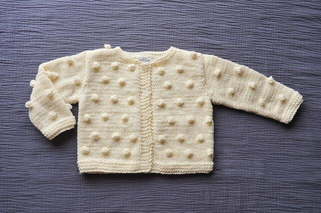 Newborn Baby Girls Boys Hand knitted Wool Cardigan Sweater Natural Ivory white popcorn bobbles Bapti | Etsy (US)