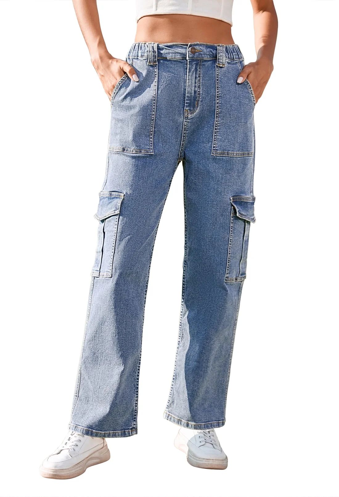 Pink Queen Women's High Waist Cargo Jeans Flap Pocket Wide Leg Denim Pants Light Blue M | Walmart (US)