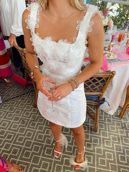 White floral dresses for a bride to be! 🤍 #whitedress #bride #littlewhitedress #bowheels 

#LTKshoecrush #LTKunder100 #LTKwedding
