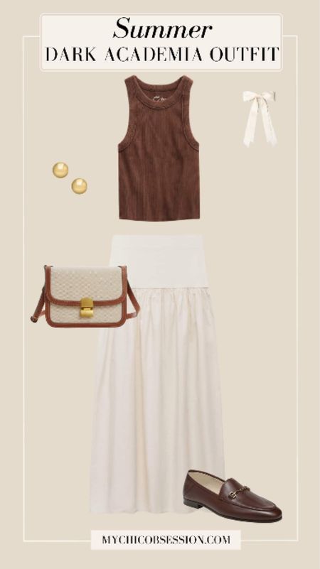 Lean into the romantic side of dark academia with this delicate outfit that works with some of my favorite neutral tones – even during the summer! 

This elastic panel flared skirt kicks things off, featuring an a-line silhouette and a flattering high waist fit. Keep your top simple with a brown tank top. Accessorize with gold studs, a two-toned crossbody bag, and a hair bow.

#LTKSeasonal #LTKstyletip
