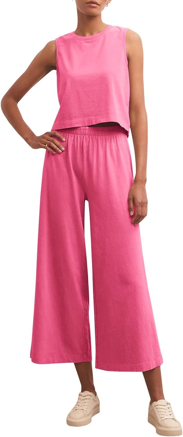 Fazortev Women's 2 Piece Outfits Sleeveless Cropped Tops and Wide Leg Pants Lounge Sets       Sen... | Amazon (US)